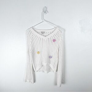 CHARLOTTE By Cato White Crochet Knit Bell Sleeve Floral Appliqué Crop Sweater XL